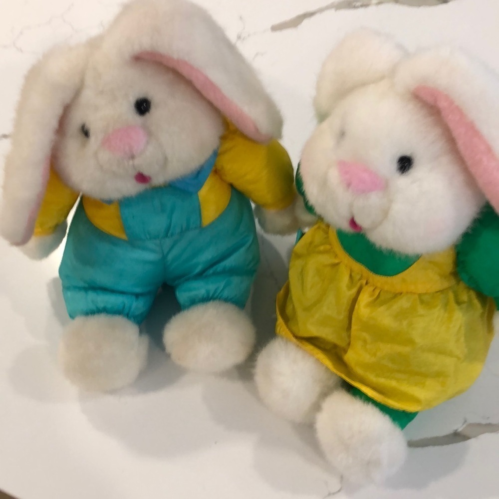 Vintage 80s Eastern Court Bunny Rabbit pair (2) Easter stuffed animals plush EUC
